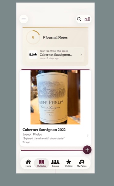 SipCircle Wine app showing a private wine journal with tasting notes and ratings